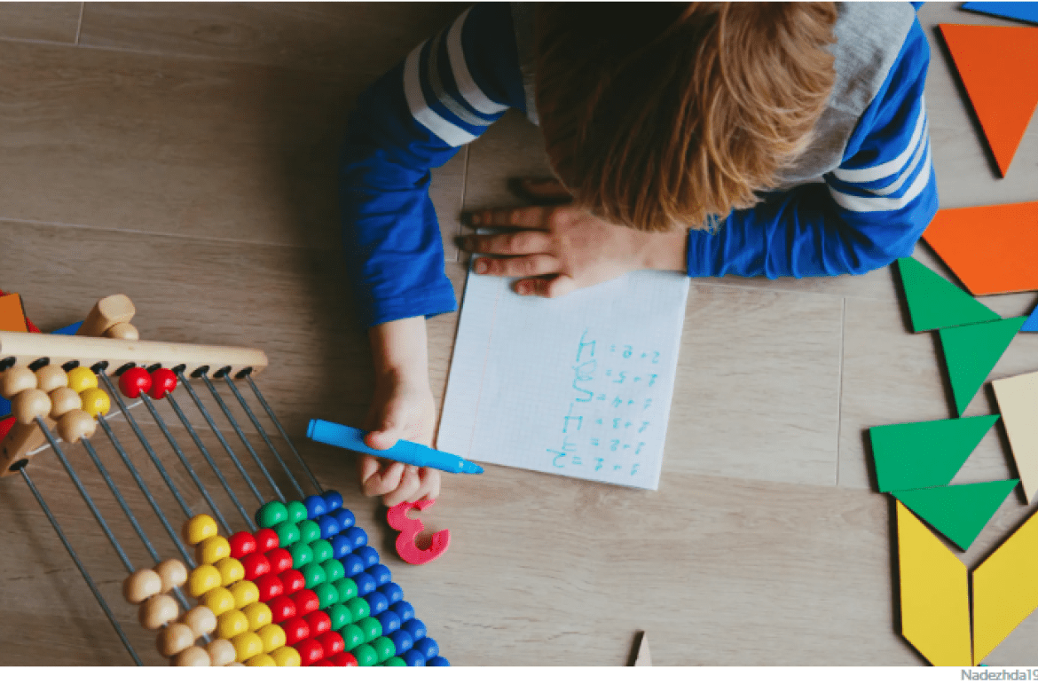 Student looking at a paper with math equations on it next to colored shapes and an abacus.