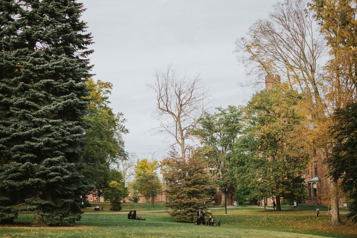 A tree-lined green on the Mount Holyoke College campus in fall. 