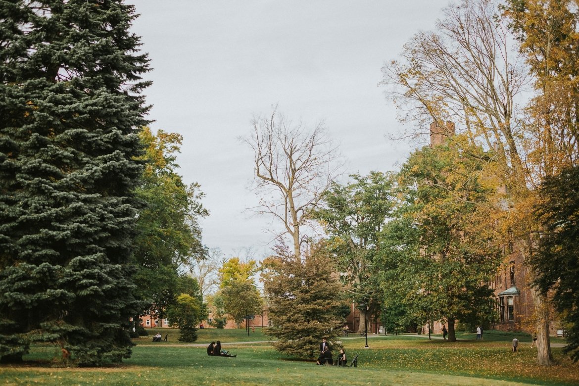 A tree-lined green on the Mount Holyoke College campus in fall.