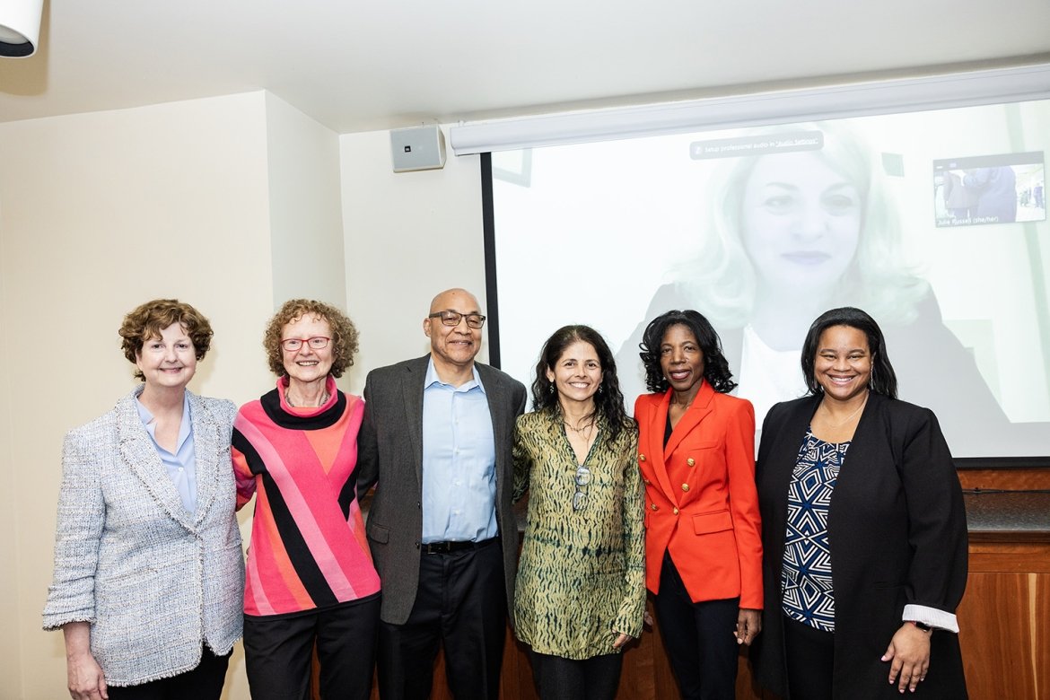 From l-r: Provost Lisa Sullivan, Eva Paus, Preston Smith II, Patricia Brennan, Patricia Banks, President Daneille R. Holley. On screen: Morena Svaldi.