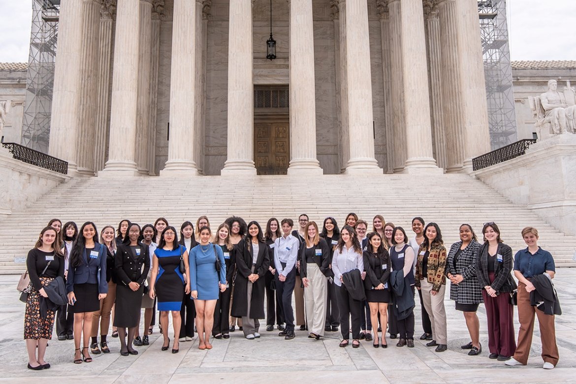 The Mount Holyoke College students who attended Careers in Public Service with President Holley in front of the Supreme Court. Image courtesy David Ris.