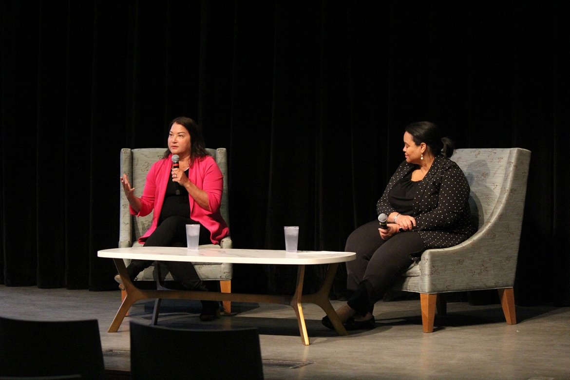 Alafair Burke and President Holley at Mount Holyoke College discussing their friendship and Alafair's career.