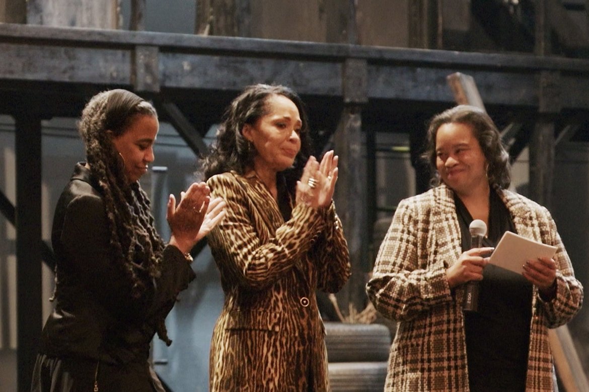 Suzan-Lori Parks ‘85 (left) and Debra Martin Chase ‘77 (center) join Mount Holyoke College President Danielle Holley (right) on stage at the Bernard B. Jacobs Theatre in New York City on Nov. 17.