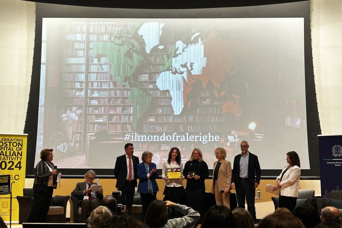 A student poses with presenters, including Morena Svaldi, at the awards ceremony at the Italian Consulate in Boston, 2024.