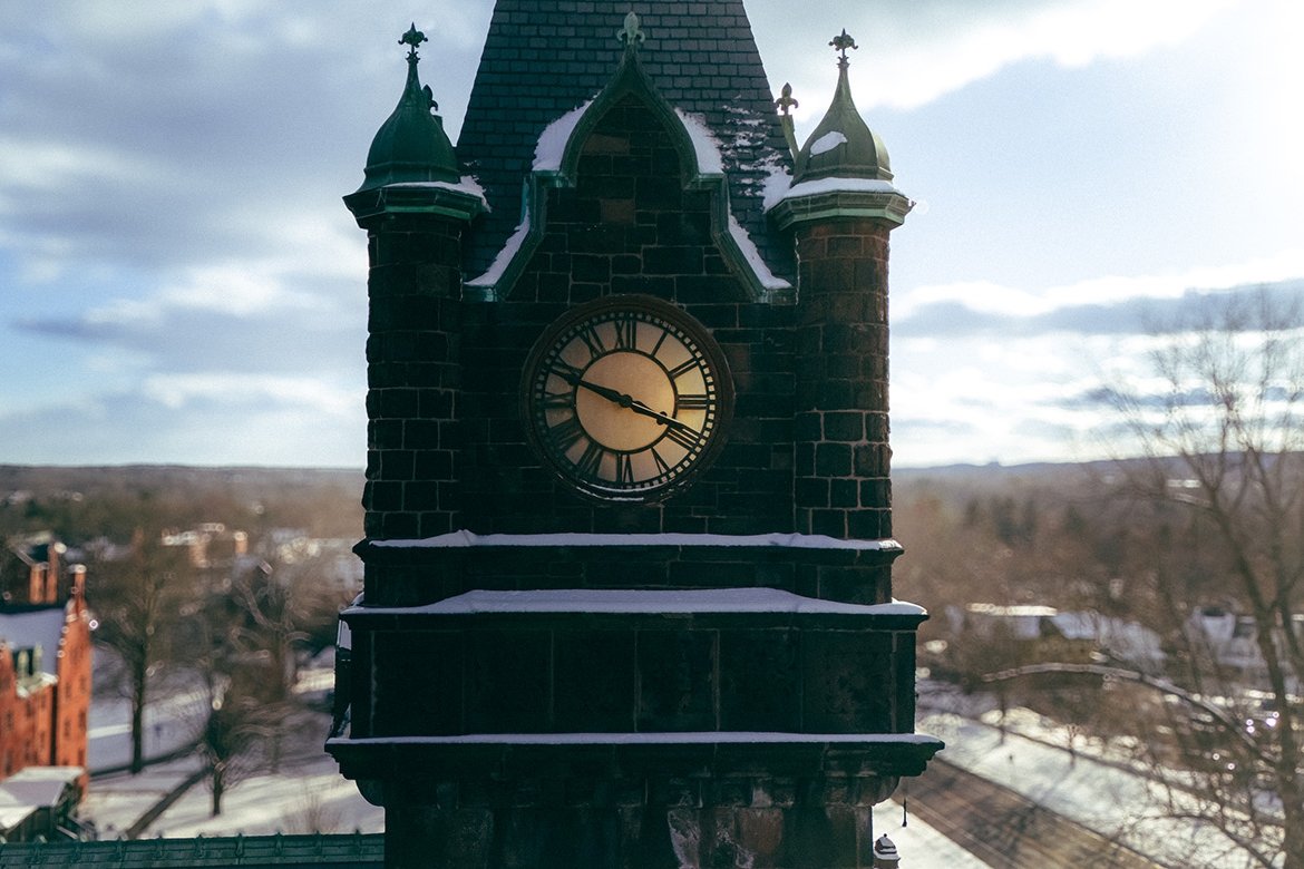 Mount Holyoke College clock tower in the winter of 2025. Photo by Max Wilhelm.