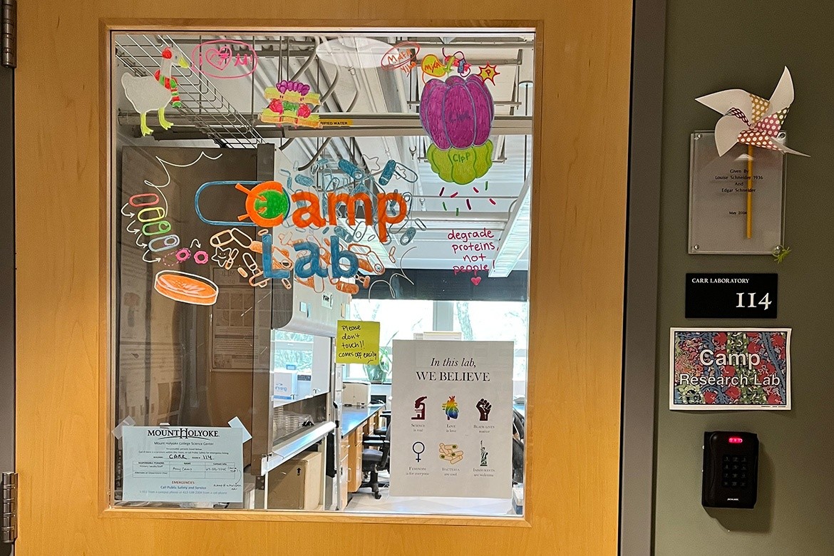 The decorated door to Amy Hitchcock Camp’s lab on the Mount Holyoke College campus.