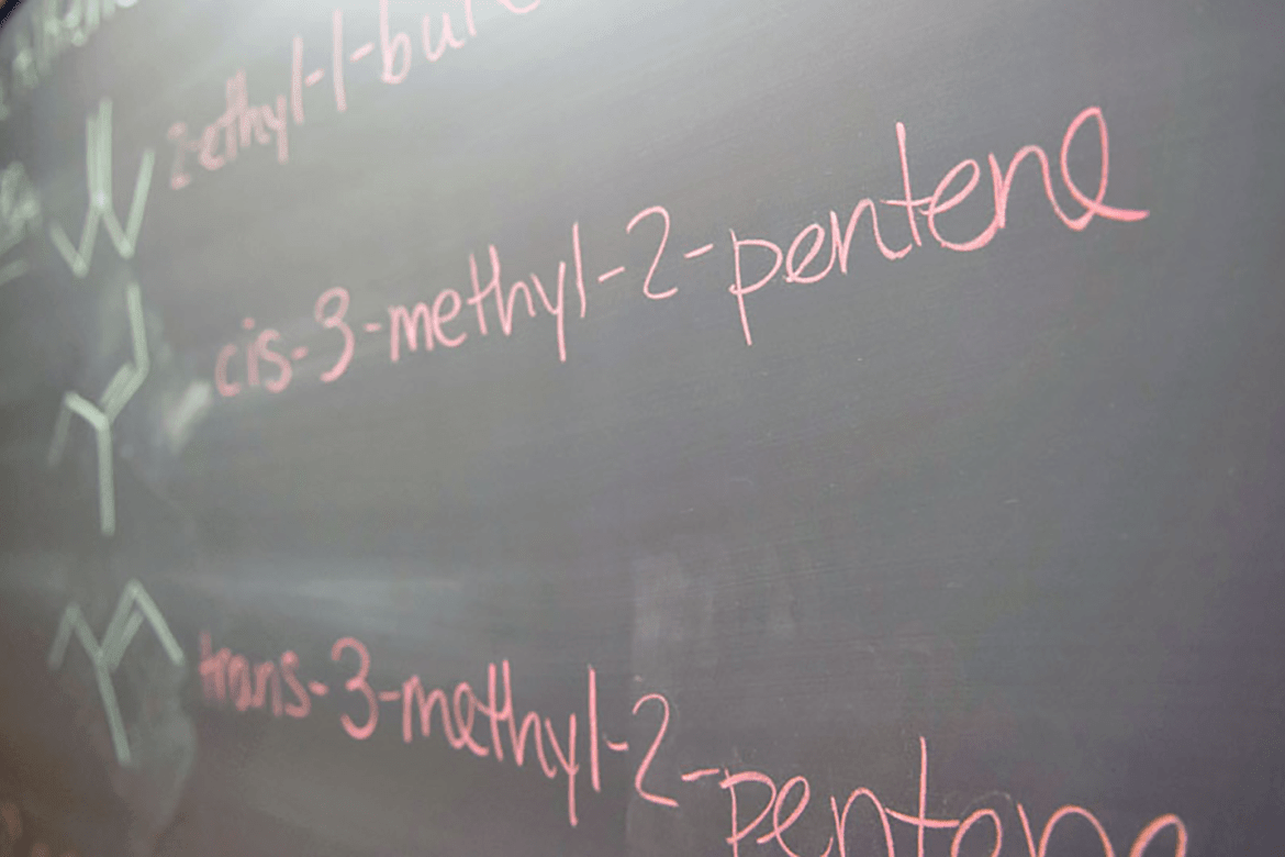 Chemistry terms written on a chalkboard