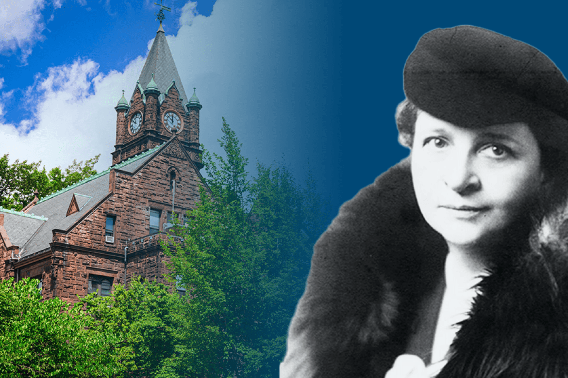 Frances Perkins overlaid on blue with Mary Lyon Hall in the background.