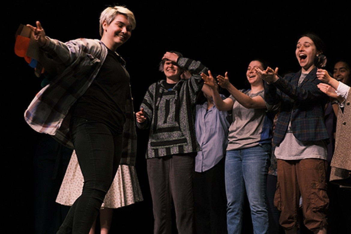 Junior show of 2022 featuring Jorge the Goose; Group of students with smiles and incredulous looks on their faces.