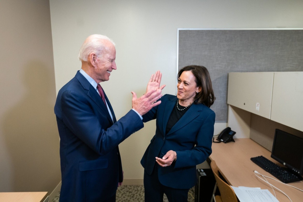 Biden campaign website  President Joe Biden, left, gives a high-five to Vice President Kamala Harris during the 2020 presidential campaign. 
