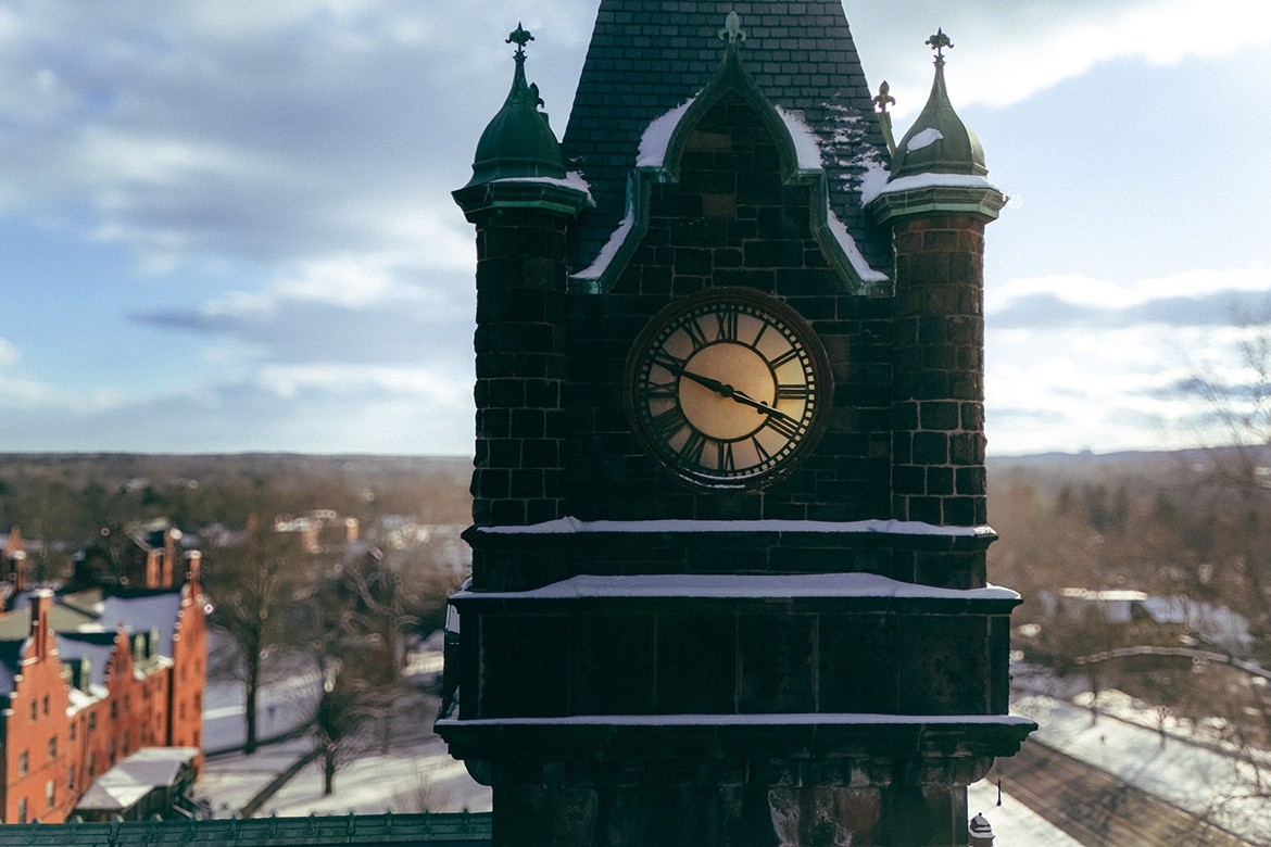 Mount Holyoke College clock tower in the winter of 2025. Photo by Max Wilhelm.