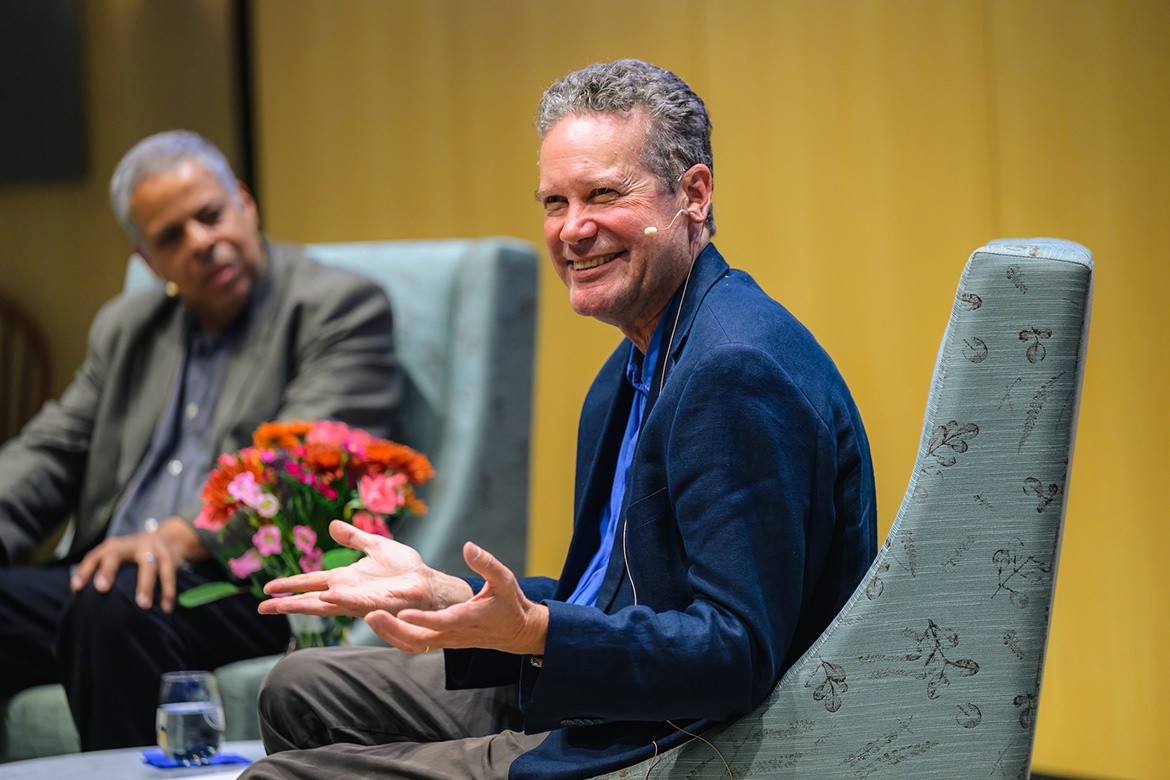 Emeritus Professor Christopher Benfey (right) discussed Anni Albers, famed artist and his great-aunt, with David W. Sanford, Elizabeth T. Kennan Professor of Music.