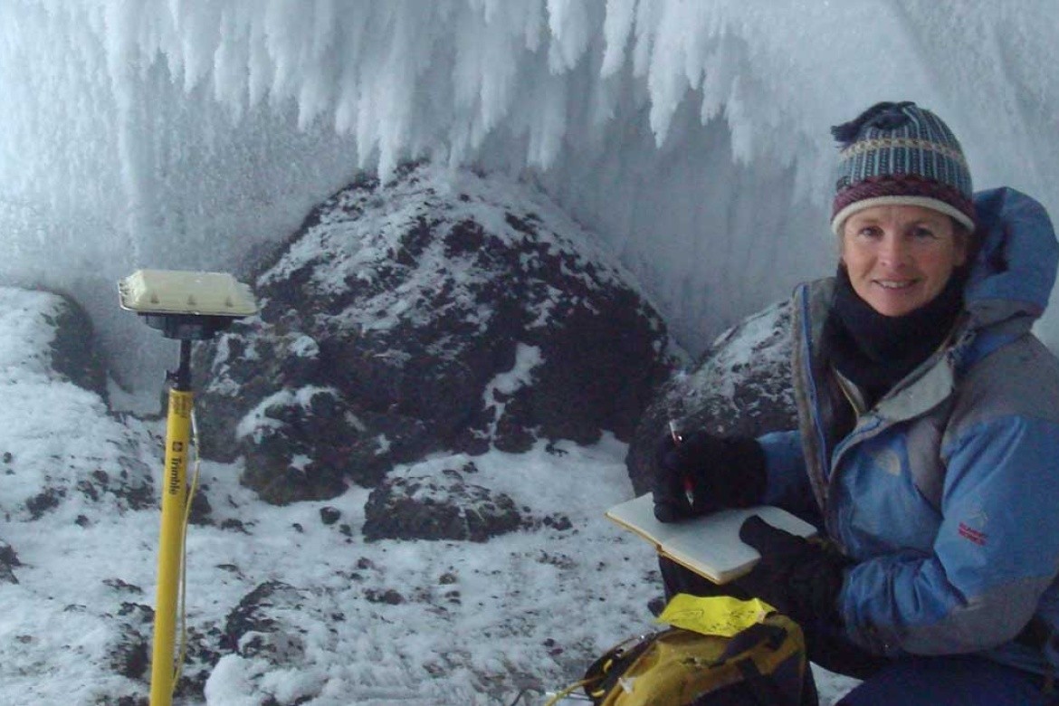 Nelia W. Dunbar ’83 conducting fieldwork in an ice cave in Antartica.