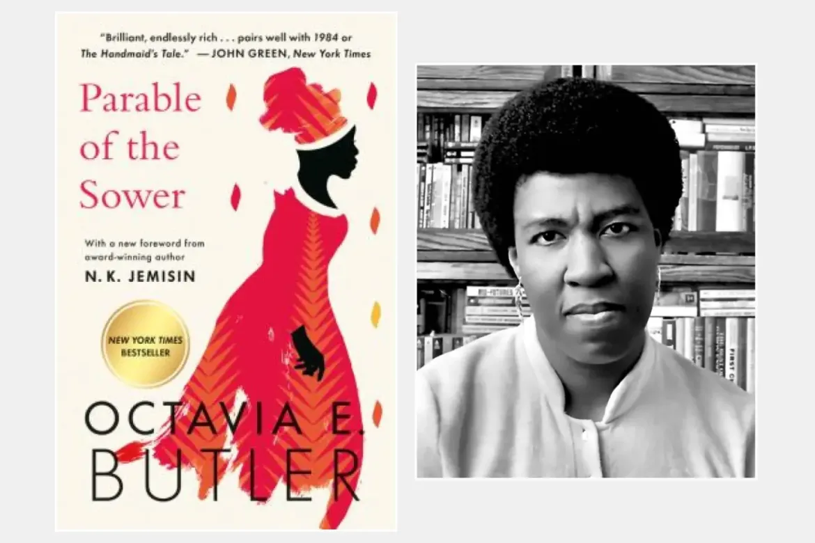 The cover of “Parable of the Sower” next to a photo of its author, Octavia E. Butler. Courtesy of the Seattle Public Library; courtesy of the Octavia E. Butler Estate