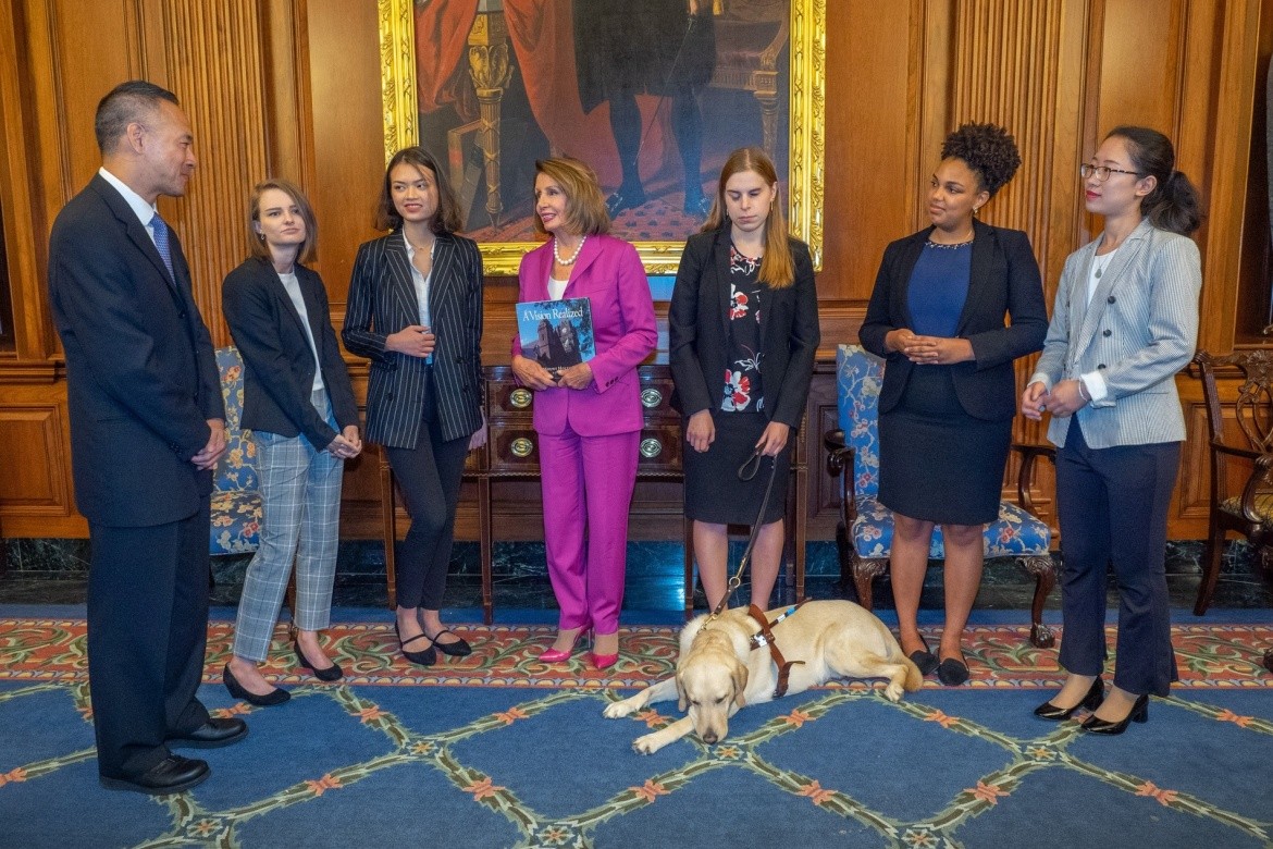 Rep. Nancy Pelosi met with (from left) Associate Professor Cavin Chen and students Beth Wagoner ’19, Linh Nguyen ’19, Melissa Carney ’19, Angelica Mercado ’19 and Jiayu Wang ’19 in the Capitol’s Rayburn Reception Room.