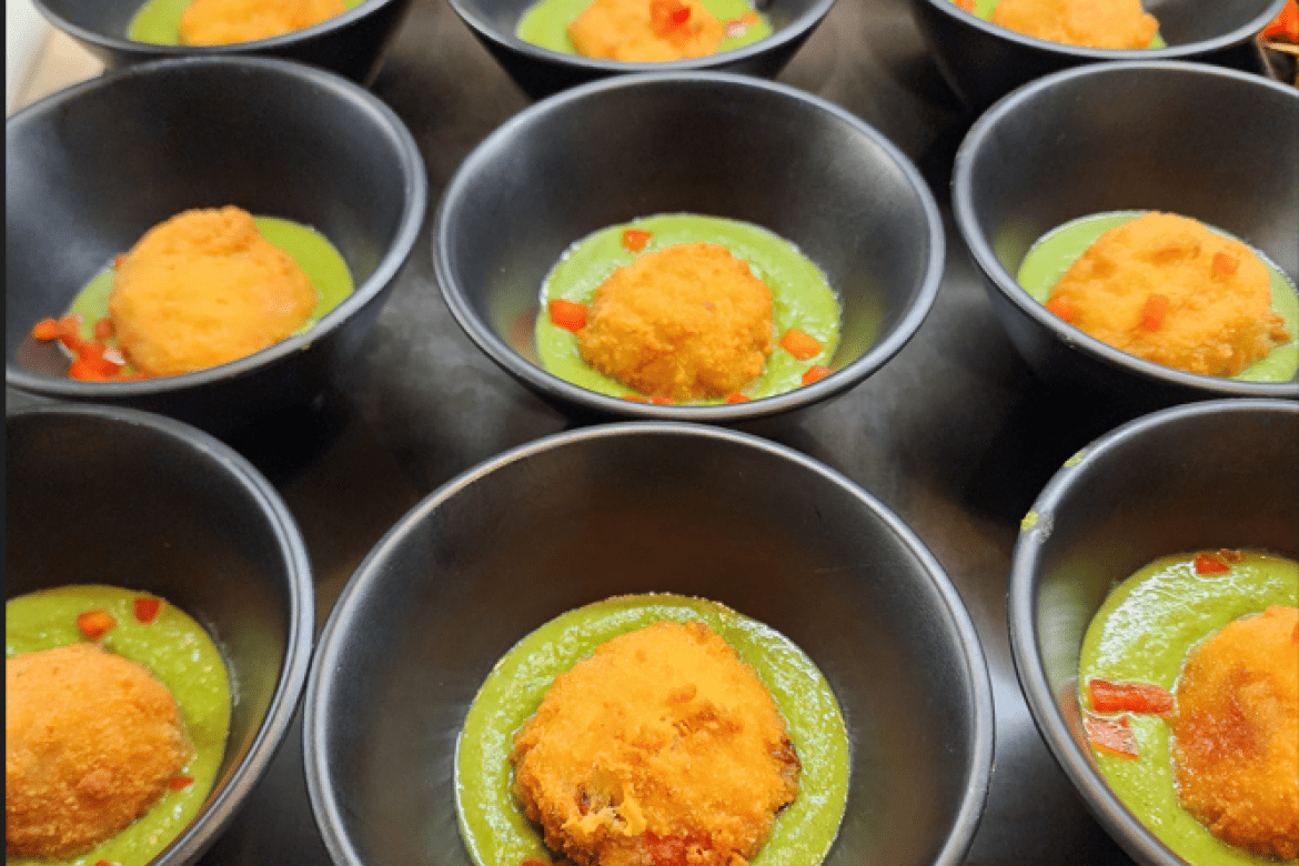 Roasted Arancini with minted pea purée is one of the many vegan dishes available from Dining Services.