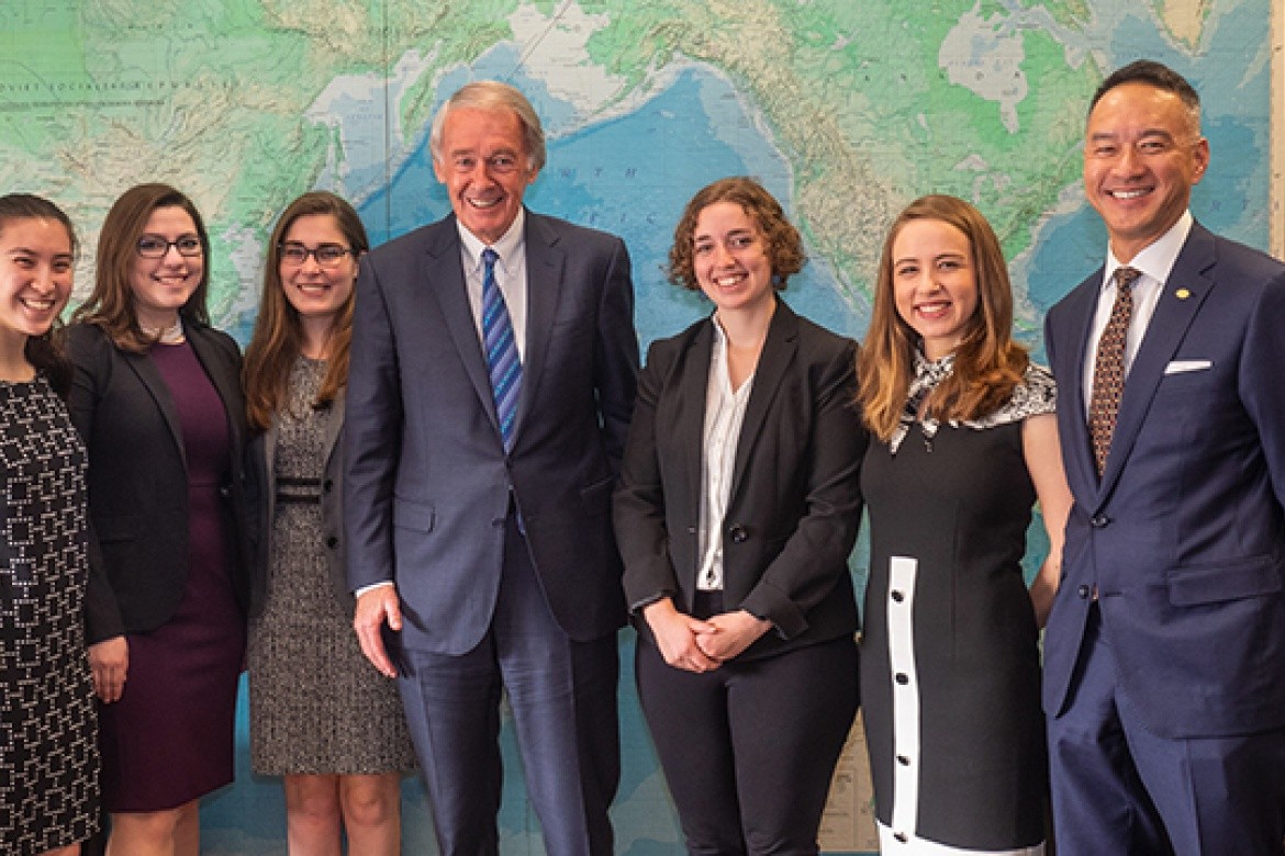 The spring 2019 MHC Semester in D.C. cohort poses with Sen. Ed Markey. From left: Olivia Vejcik, Izabella Czejdo, Brigit Wolf, Sen. Markey, Sarah Bloomgarden, Maya Hoffman and Associate Professor Calvin Chen.
