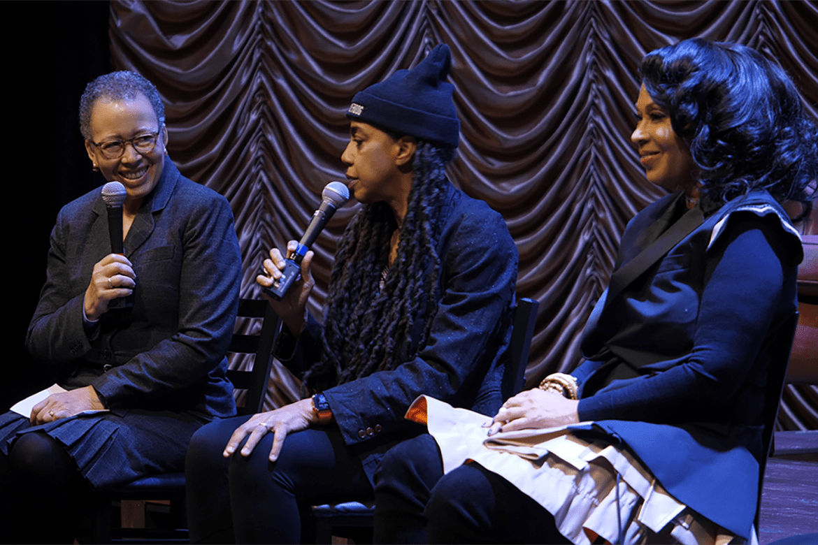 Interim President Beverly Daniel Tatum speaking with Suzan-Lori Parks ’85 and Debra Martin Chase ’77 on stage following a performance of “Topdog/Underdog”