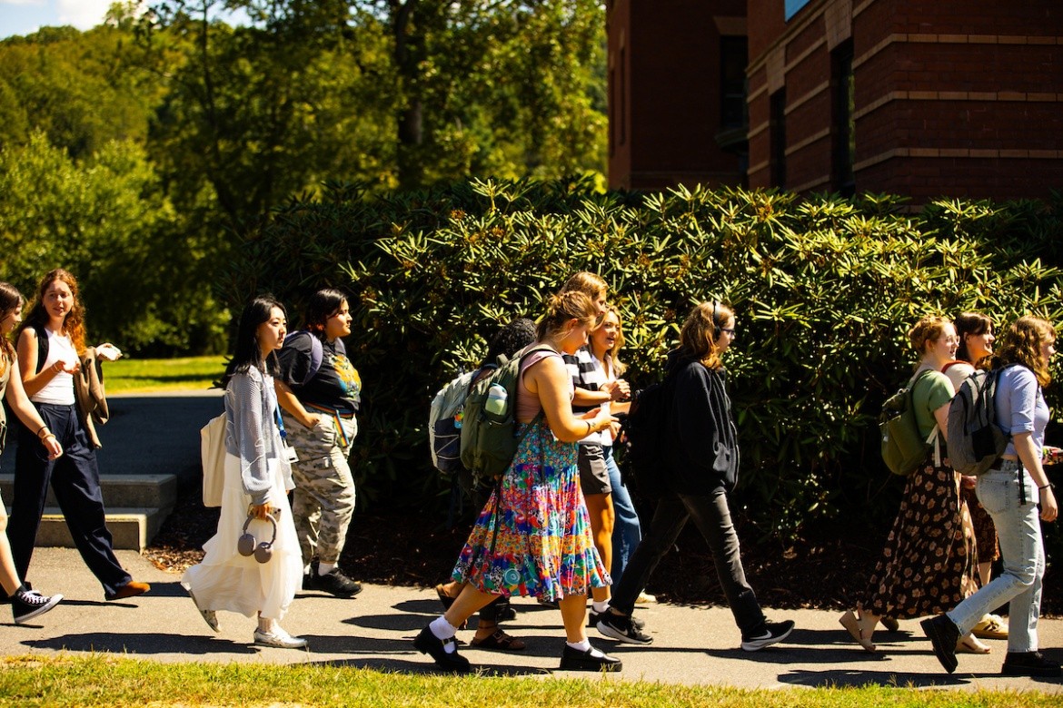 Students walk across campus, first day of classes, 2025. 