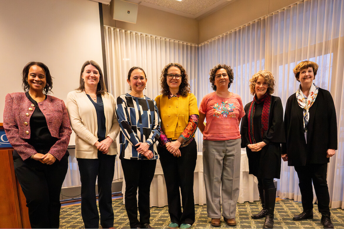 (From left to right): President Danielle R. Holley, Mara Breen, Naomi Darling, Ligia Bouton, Amina Steinfels, Sabra Thorner and Provost Lisa Sullivan.