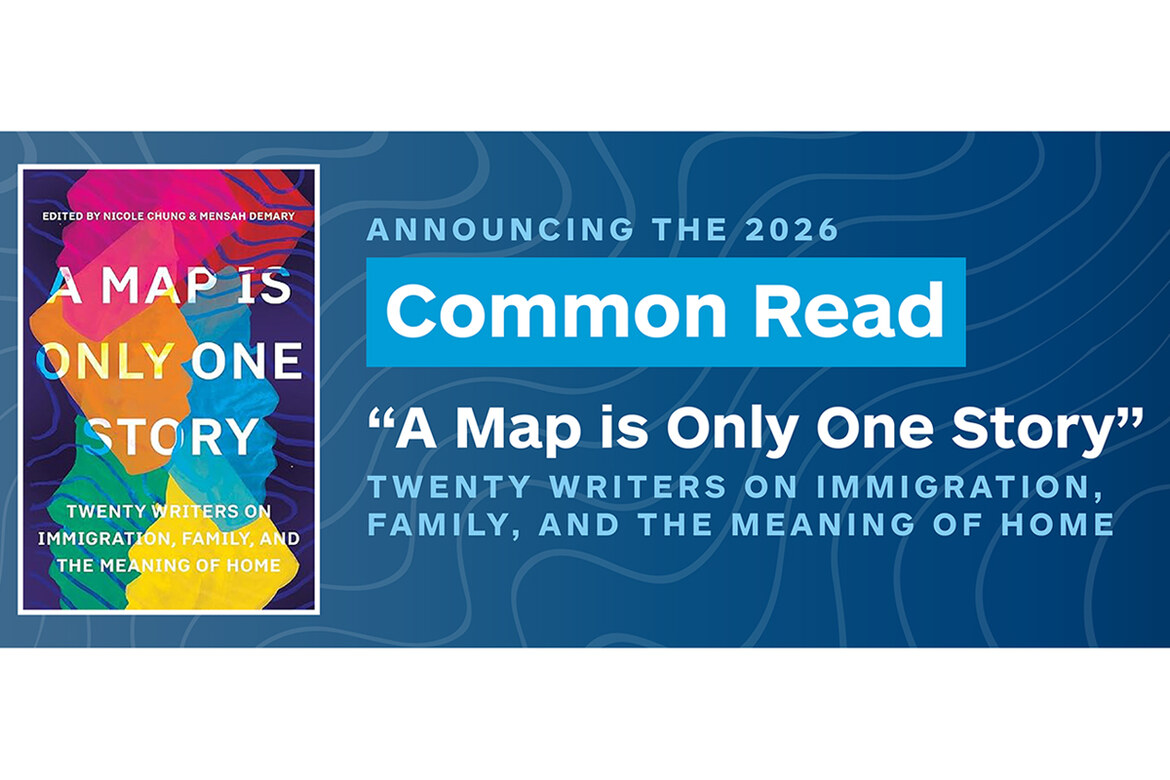 Common Read promotional graphic with book cover for "A Map is Only One Story".