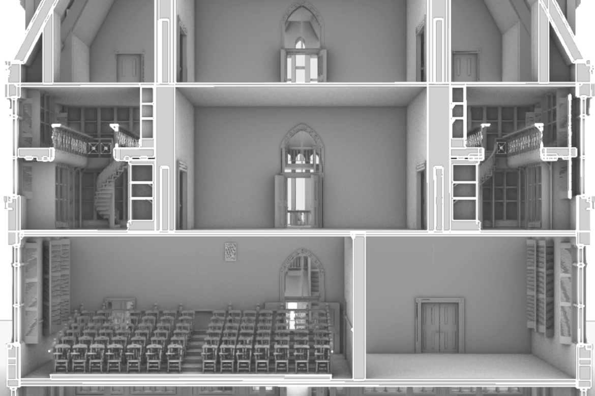 A 3D depiction of the inside of a campus building in the 19th century