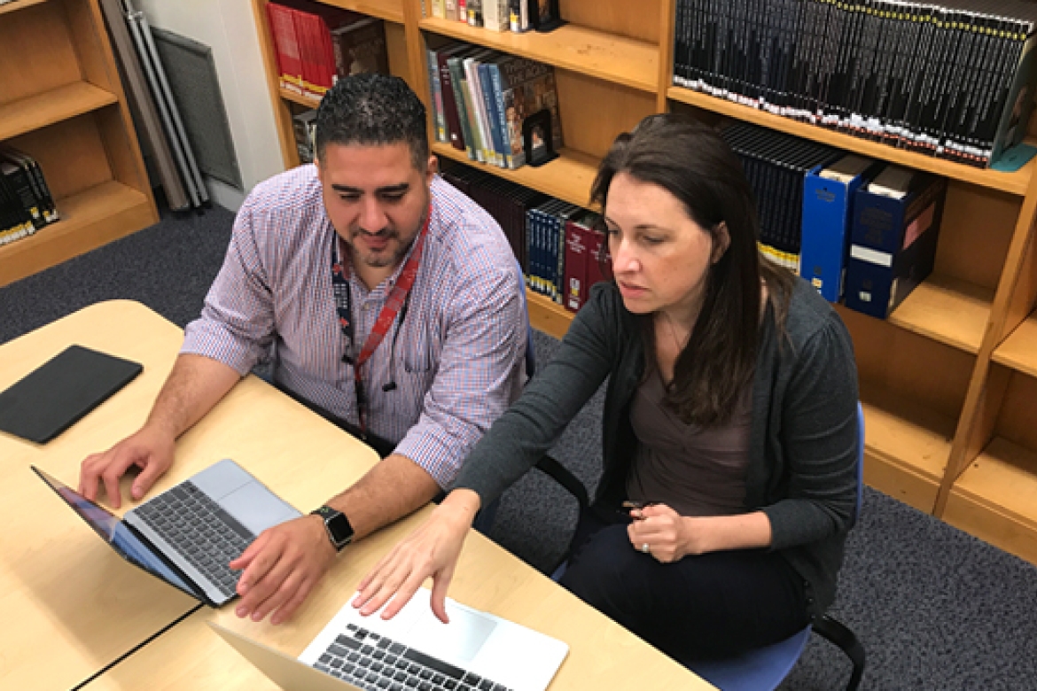Mount Holyoke’s Ruth Hornsby, assistant director of grad programs, and grad student Julio Hernandez MAT’20 discuss the requirements for the master’s in teaching degree.