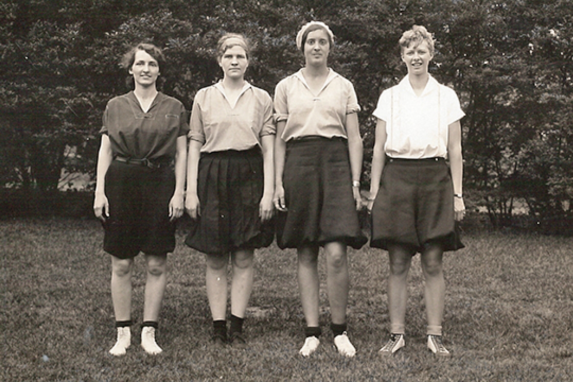 1933 "outstanding athletes" photograph from Archives. Left to right: Betty Lincoln ’33; Harriet Davis ’31; Margaret Johnson ’33; Margaret Hoffman ’33.
