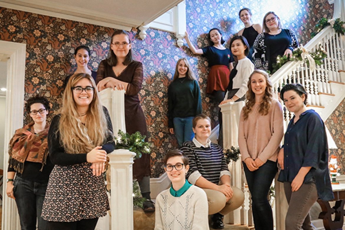 The all-student cast and crew in the President’s House (from left): Yael Silver, Allie Doherty, Dale Leonheart, Eleanor Shanilec, Elizabeth Lowe, Leah Greenhaus, Ginger Maley, Nikki Wei, Wenfei Jia, Martha Kent, Katy Gore, Molly Paige, Claire Morse.