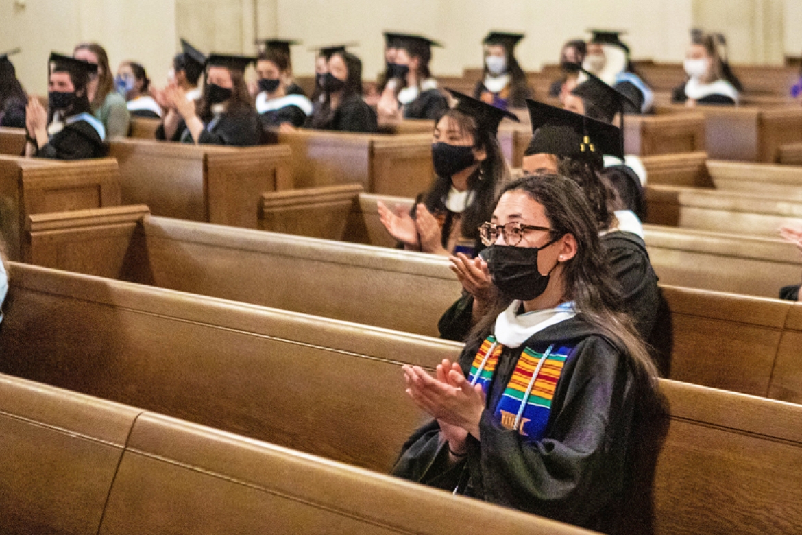 Students on campus attended the Baccalaureate event in regalia, masked and sitting six feet apart. 