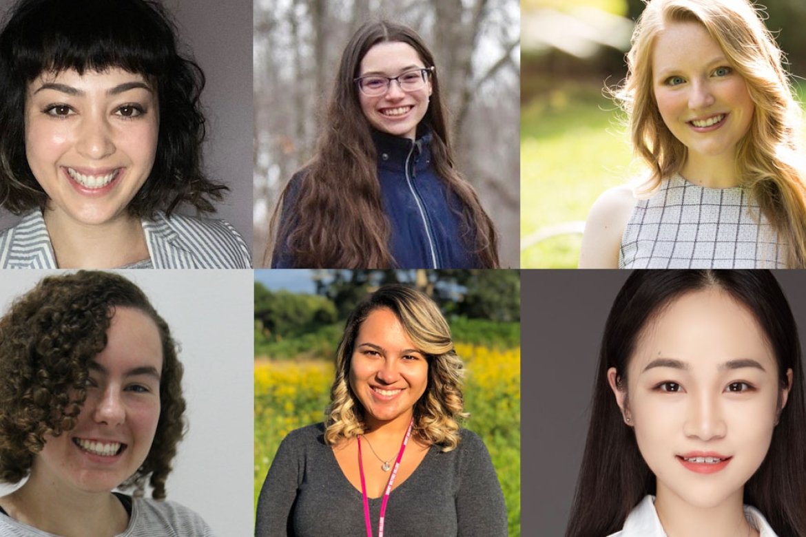 Clockwise from upper left: Clarissa Soma Goncalves Cordeiro FP ’21, Kristina Lester ’22, Abigail “Abby” Bridgers ’21, Tianyi Zhou ’21, Jaxzia Perez ’22, and Samantha "Sammi" Craig ’22.