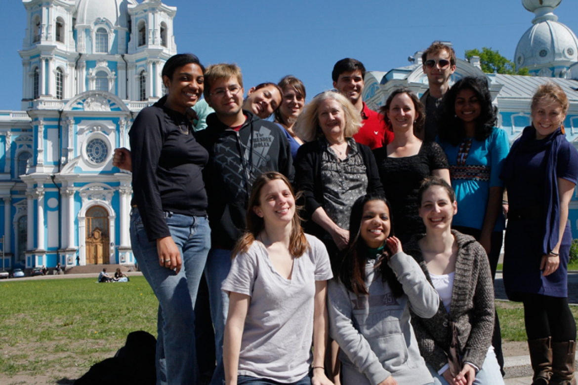 Carol Ueland with students in front of Smolny Cathedral in St. Petersburg, Russia.