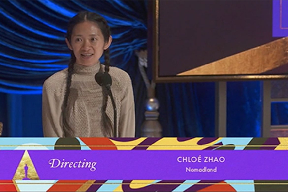 Chloé Zhao ’05 accepting her Academy Award for “Best Director.”