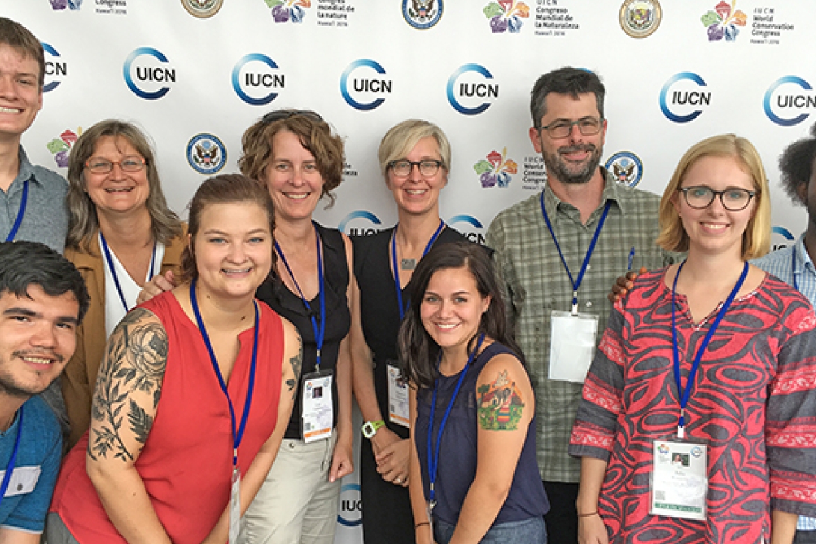 Catherine Corson with interns Julia Worcester ’17, Isabel Flores-Ganley ’17, and Sabine Rogers ’18 and the entire multi-institutional research team at the 2016 World Conservation Congress in September.
