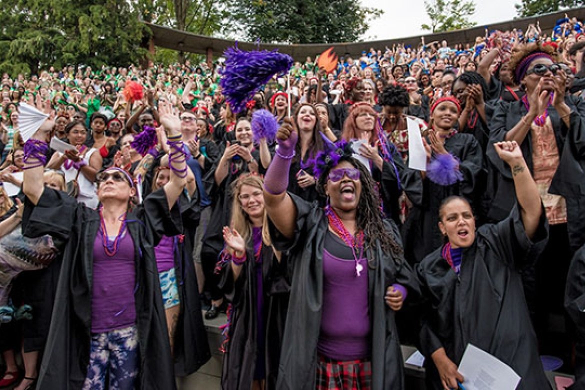 Frances Perkins scholars in their signature purple garb celebrating the start of the academic year during the Convocation ceremony