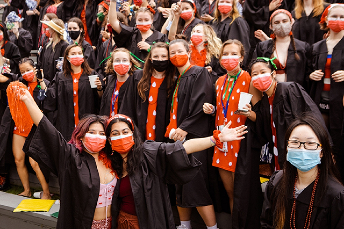 Students cheered in support of their classmates, waved pom-poms, performed the wave and dressed in their class colors. Seniors wore regalia topped with red hats, berets and boas in honor of the red pegasi. 