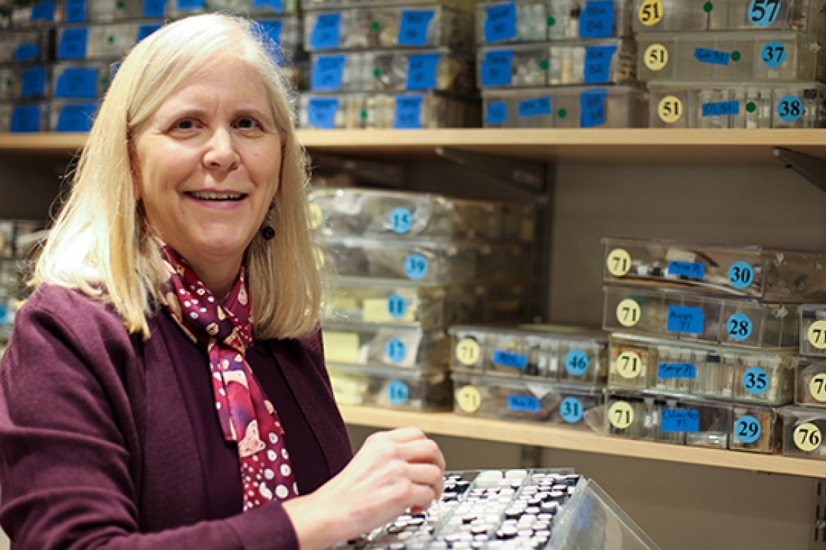 Astronomy professor Darby Dyar poses with a tray of samples in her lab.