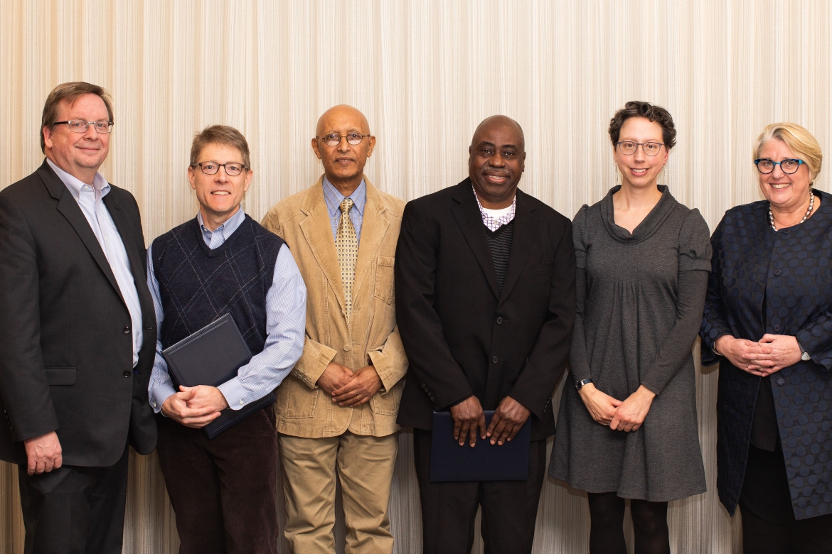 Dean of Faculty Jon Western with professors Jeremy King, Girma Kebbede, Bode Omojola and Amy Frary, and President Sonya Stephens 