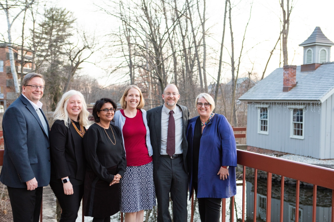 Dean of Faculty Jon Western, far left, and President Sonya Stephens, far right, pose with the 2020 Faculty Award winners prior to the closing of campus. Starting second from left: KC Haydon, Suparna Roychoudhury, Sarah Adelman and James Harold.
