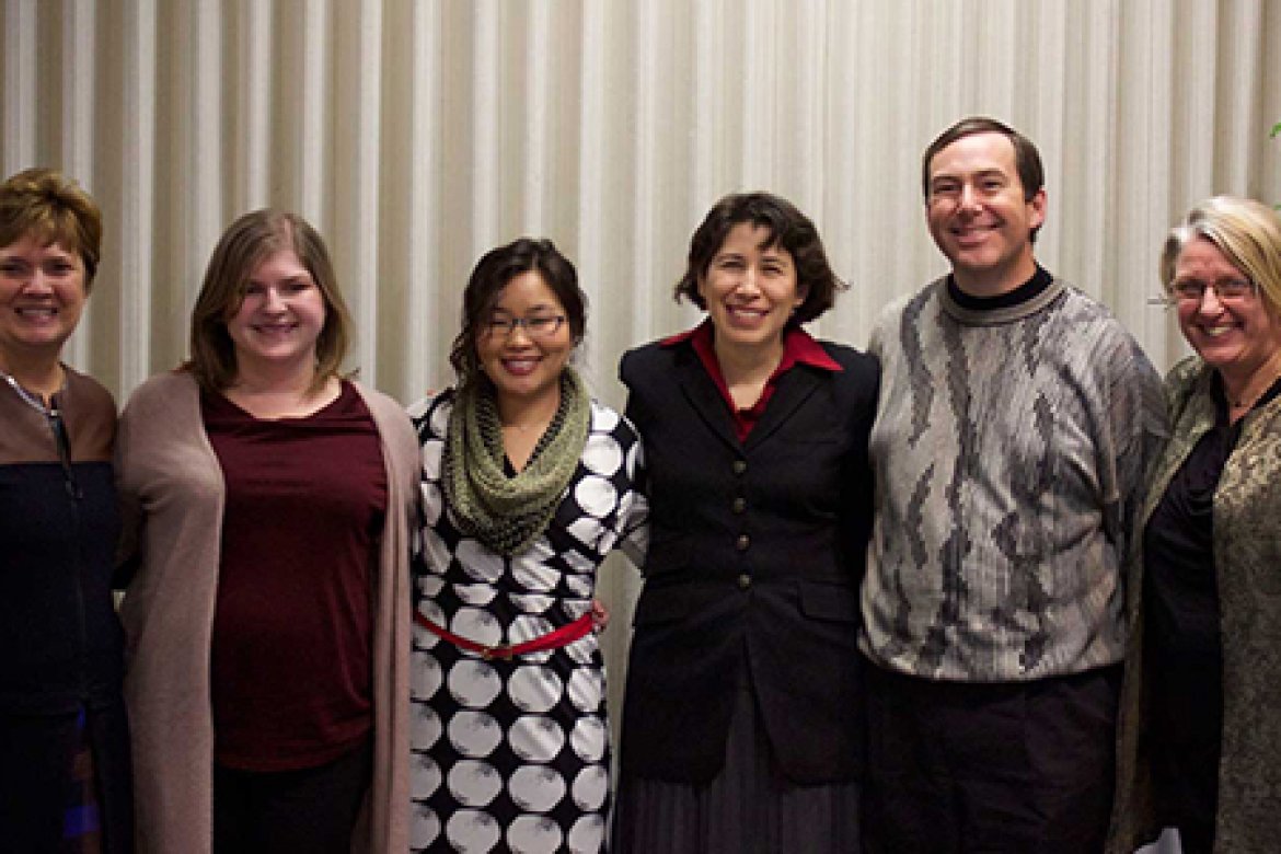 Award-winning faculty members flanked by President Lynn Pasquerella (L) and Vice President for Academic Affairs and Dean of Faculty Sonya Stephens (R)