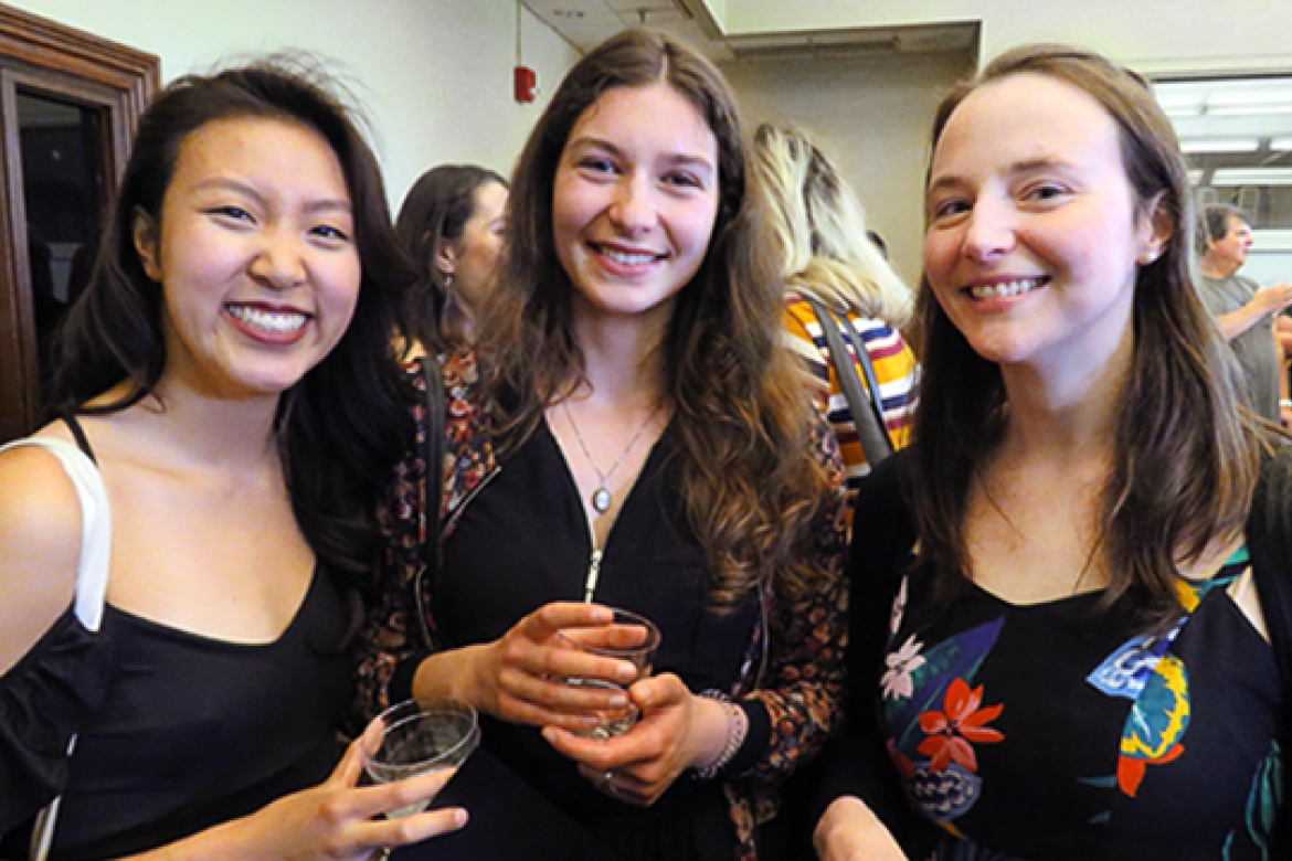 Amy Lim ’18 (left), Julia Kellerbauer ’18 (middle), and Lim’s mentor, Margaret (Gretchen) Lay, assistant professor of economics, were among the 35 seniors and their families, professors and mentors at the Global Competence Awards ceremony.