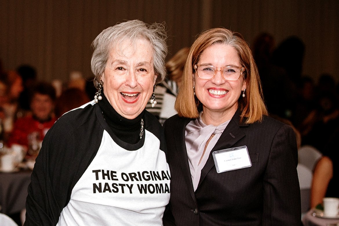 Carmen Yulín Cruz (right), the Harriet L. Weissman and Paul M. Weissman Distinguished Fellow in Leadership at Mount Holyoke College, joins Harriet Weissman ’59 in celebrating the 20th anniversary of the Weissman Center for Leadership in 2019.