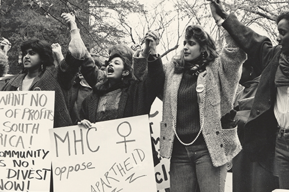 A 1985 photograph of Mount Holyoke students protesting apartheid on the College campus is the kind of artifact current students came across as they researched on the history of student activism.