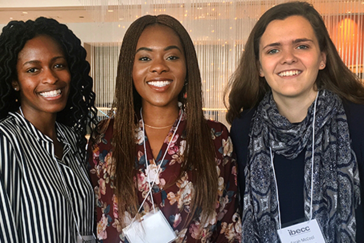 Mount Holyoke students (from left) Tracy Keya ’18, Mosimiloluwa Esan ’18 and Sarah McCool ’18 won a business ethics competition by arguing that Apple Inc. must move to improve conditions in cobalt mines in the Democratic Republic of the Congo.