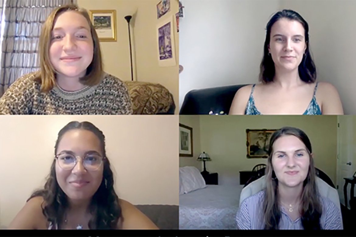 Students (clockwise from top left) Emma Watkins ’23, Lily James ’21, Kate Murray ’22 and Jaxzia Perez ’22 created a video to provide information on voting for their fellow Mount Holyoke students.
