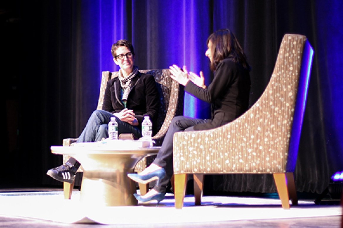 Rachel Maddow discusses the oil and gas industry and its impact on politics with professor of politics Kavita Khory ’84.