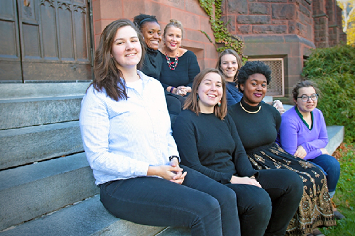 Dean Latrina Denson and VP Marcella Runell Hall (back row from left) with members of the MoZone team: (front from left) Julia McConnell ’17, Azulina Green ’17, Monique Roberts ’19, and Aicha Belabbes ’19, with Sarah Braverman ’17 in back.