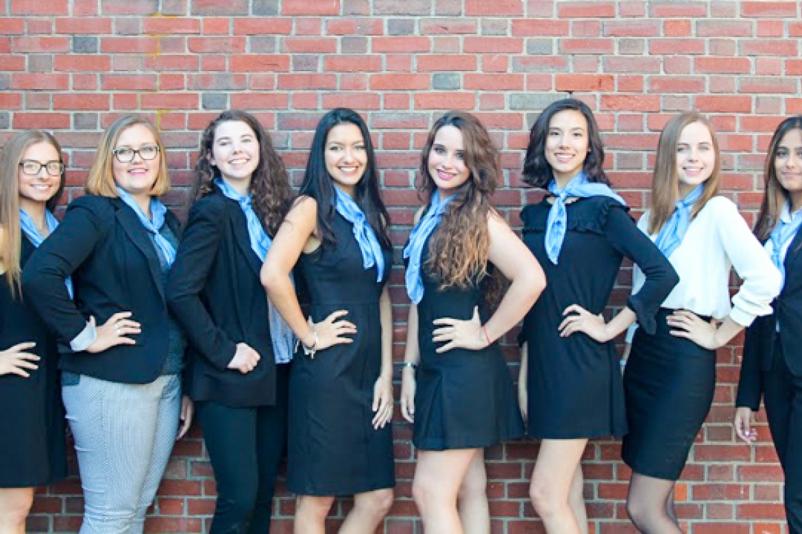 MHC’s Model UN executive board (from left): Katherine Hoppe ’20, Sabrina Edwards ’20, Emma Rubin ’20, Lorena Cacho ’18, Kimberly Foreiter ’19, Joy Keat ’20, Austen Borg ’20, and Zenia Saqib ’20