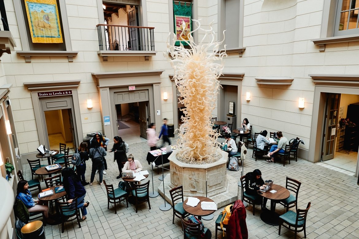 “One of our biggest assets is campus,” said Leykia Nulan, dean of admission. But during the COVID-19 shutdown, prospective students couldn’t visit the College’s iconic locations, such as the Williston Memorial Library Atrium, shown here in 2019.