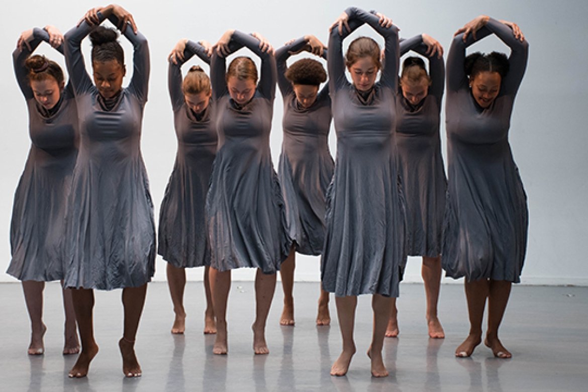 Rehearsal for the performance of “One” (from left): Sara LaPadula (’21, UMass Amherst), Leah McLeod ’22, Evelyn Kirby ’21, Hannah Berry ’22, Miranda Lawson ’22, Maya Mizrahi (’21, Amherst College), Victoria Winter (’22, UMass Amherst), and Olivia Lowe ’21